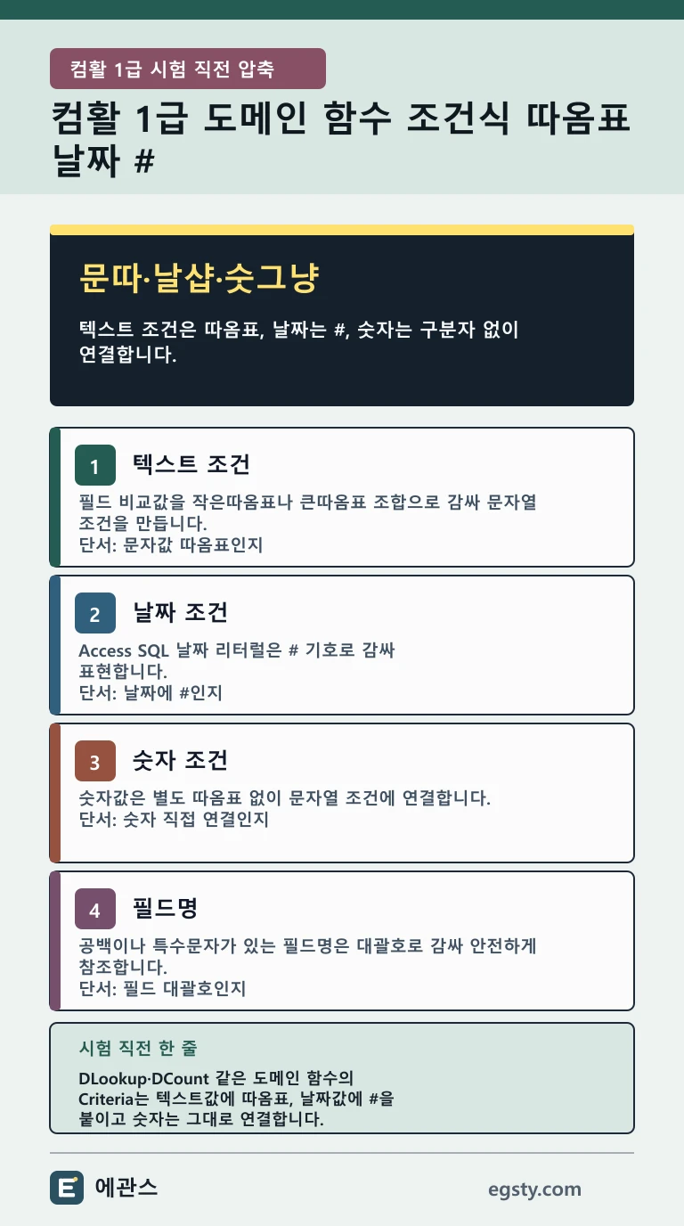 문따·날샵·숫그냥으로 Access Criteria의 텍스트 따옴표, 날짜 #, 숫자 값과 필드 대괄호를 구분한 인포그래픽