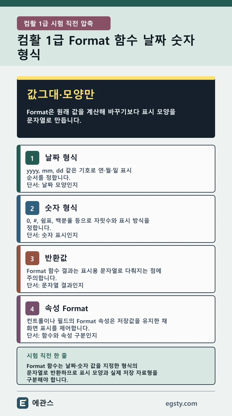컴활 1급 Access Format의 날짜 기호, 숫자 자릿수, 문자열 반환, 형식 속성을 값그대·모양만으로 비교한 인포그래픽