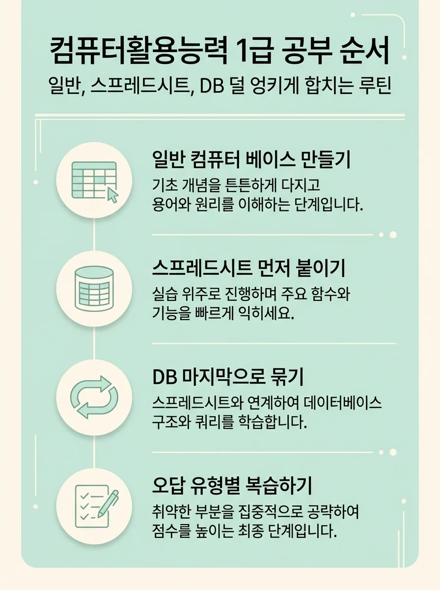 컴퓨터활용능력 1급 공부 순서를 단계별로 정리한 인포그래픽