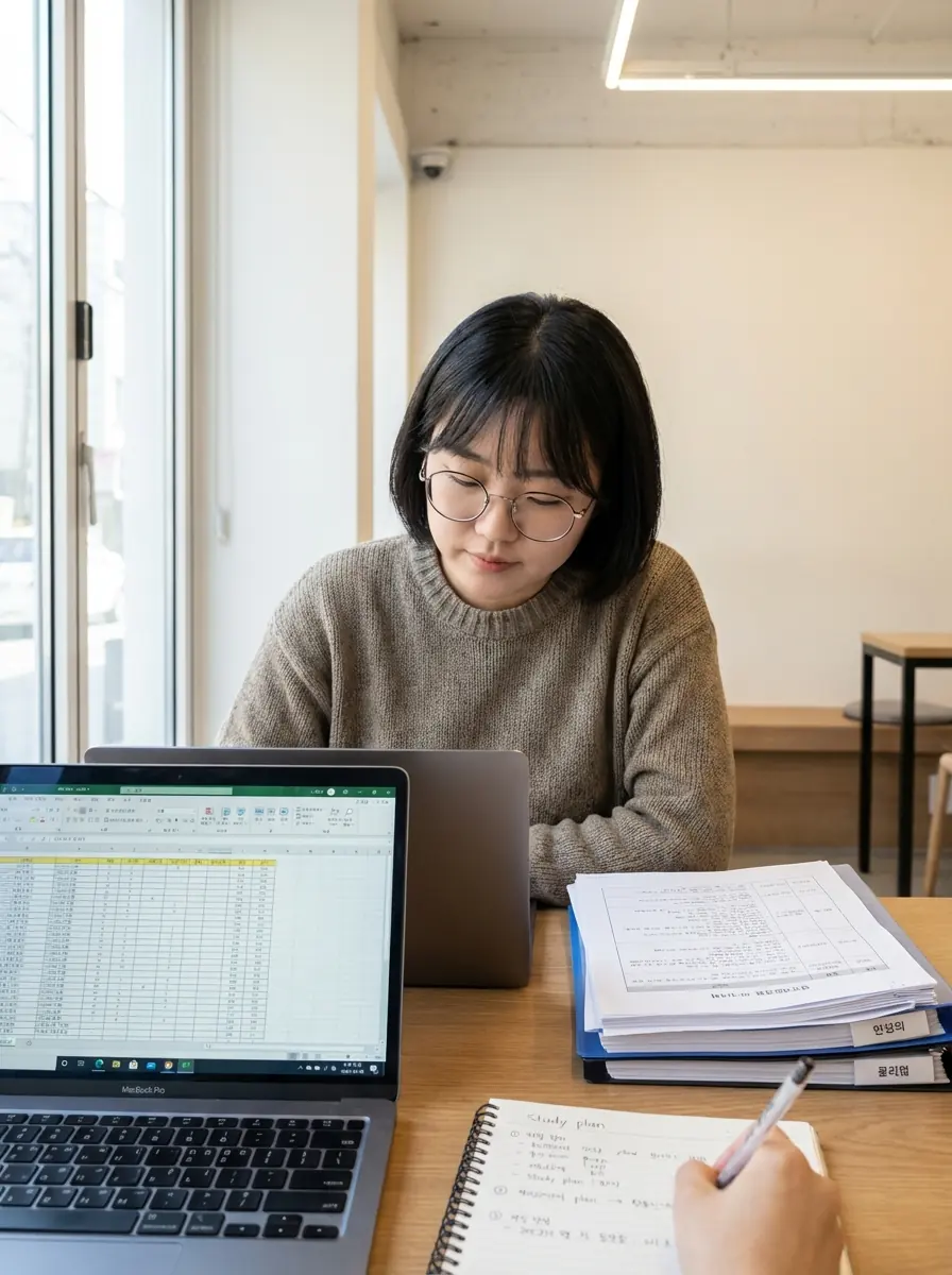 컴퓨터활용능력 1급 공부 순서를 계획하며 엑셀 화면과 노트를 함께 보는 학습자 모습