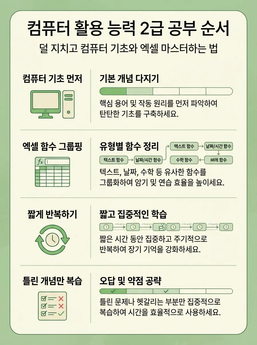 컴퓨터활용능력 1급 함수 공부법을 목표 중심 순서로 정리한 인포그래픽