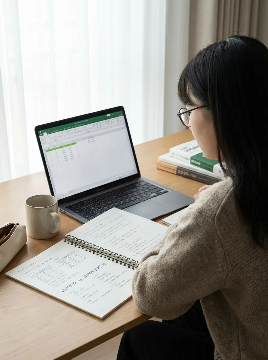 컴퓨터활용능력 1급 함수 공부를 위해 엑셀 화면과 노트를 함께 보는 학습자 모습