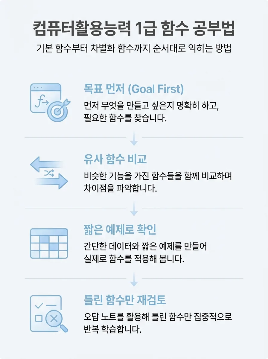 컴퓨터활용능력 2급 공부 순서를 기본기와 반복 구조 중심으로 정리한 인포그래픽