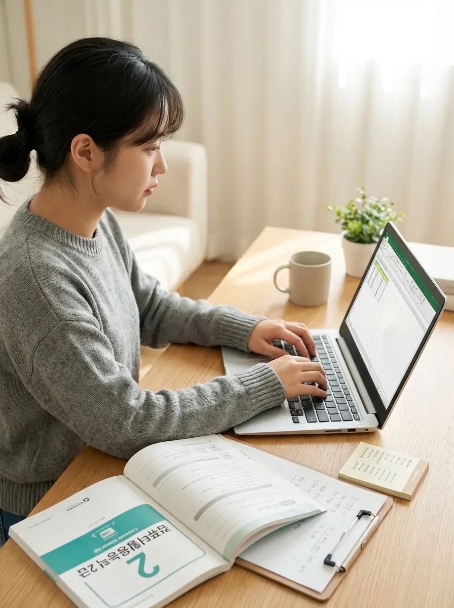 컴퓨터활용능력 2급 공부 순서를 잡으며 노트와 노트북으로 연습하는 학습자 모습