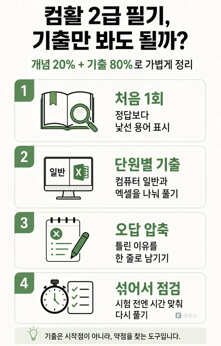 컴활 2급 필기를 기출 중심으로 준비할 때 개념과 기출 비율, 단원별 기출, 오답 압축 순서를 정리한 인포그래픽