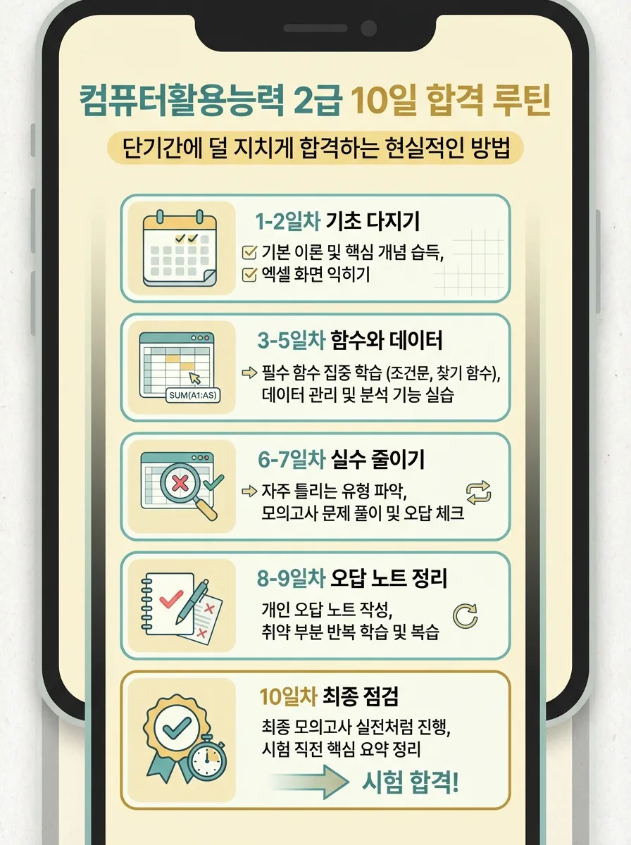 컴퓨터활용능력 2급 10일 합격 루틴을 날짜별로 정리한 인포그래픽