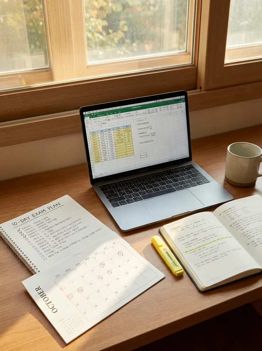 컴퓨터활용능력 2급 10일 루틴을 달력과 체크리스트로 정리한 학습 책상 모습