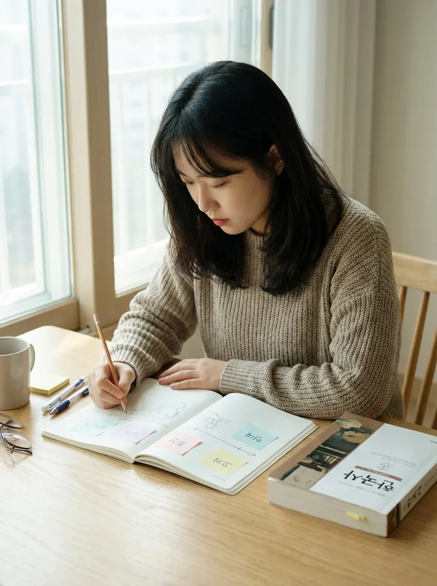 한국사 시대 흐름을 노트와 교재로 정리하는 수험생 모습
