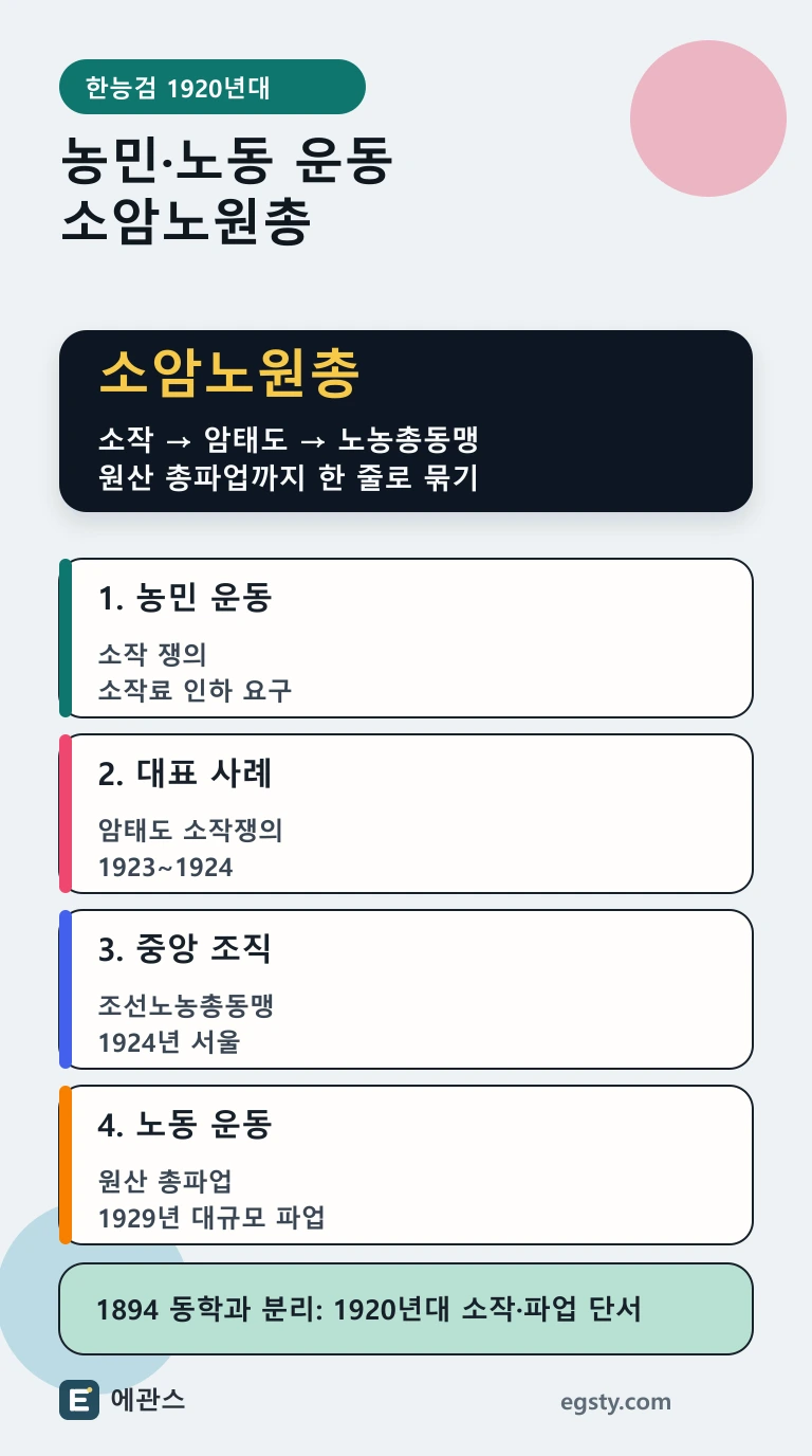 한능검 농민 운동과 노동 운동을 소작 쟁의, 암태도 소작쟁의, 조선노농총동맹, 원산 총파업 단서로 정리한 인포그래픽