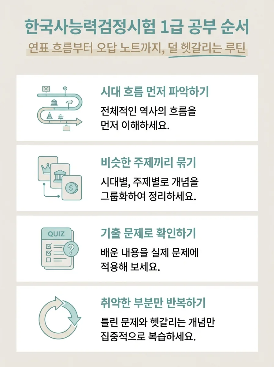 한국사능력검정시험 1급 공부 순서를 단계별로 정리한 인포그래픽