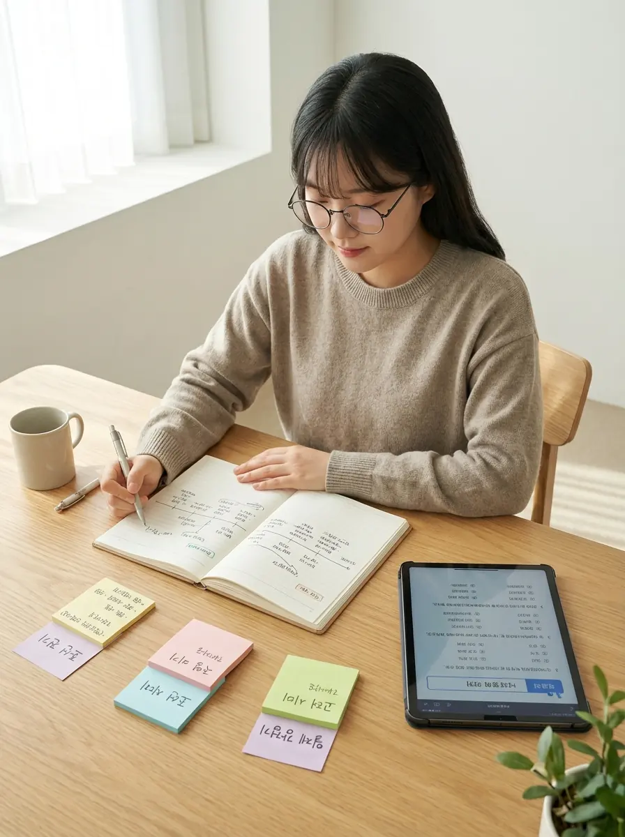 한국사능력검정시험 1급 공부 순서를 정리하며 노트에 핵심 흐름을 적는 수험생 모습