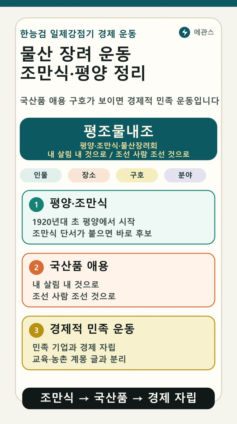 한능검 물산 장려 운동을 평양, 조만식, 조선물산장려회, 국산품 애용, 내 살림 내 것으로 단서로 정리한 인포그래픽