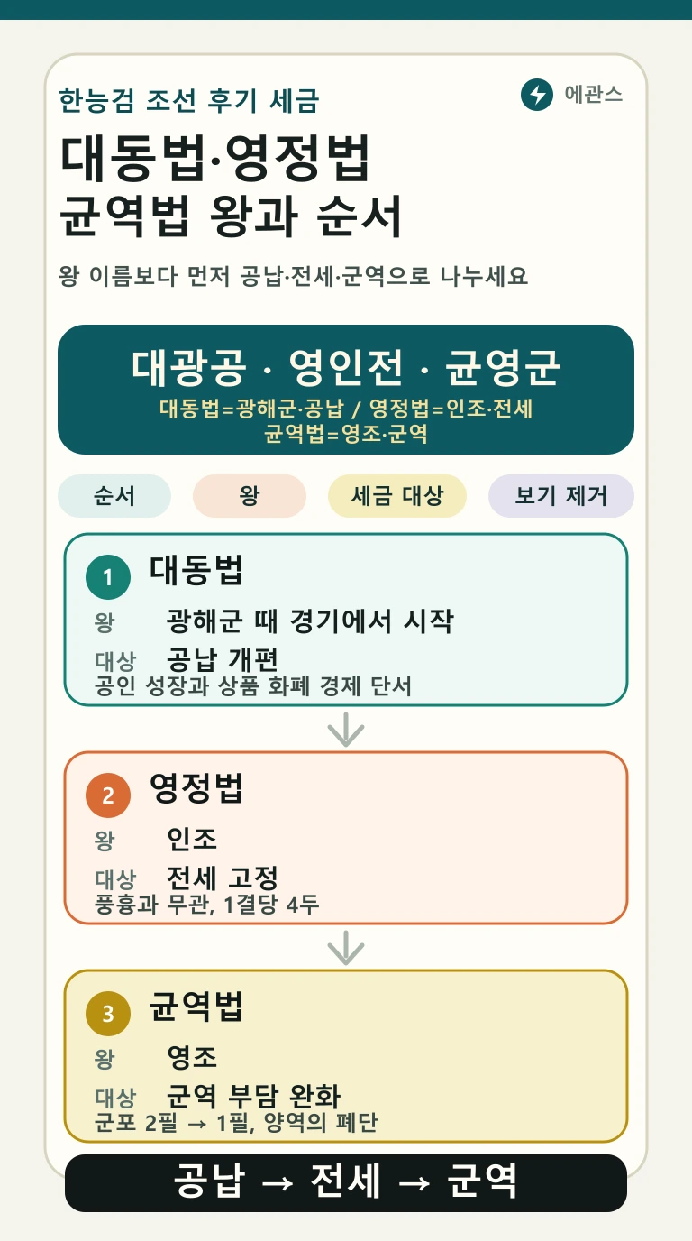 한능검 대동법 영정법 균역법을 광해군 인조 영조와 공납 전세 군역 순서로 정리한 인포그래픽