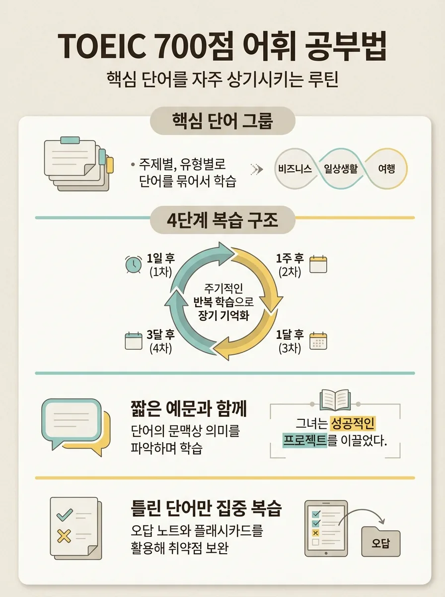 토익 700점대 단어 공부 루틴을 핵심 단어 묶음과 회독 구조로 정리한 인포그래픽