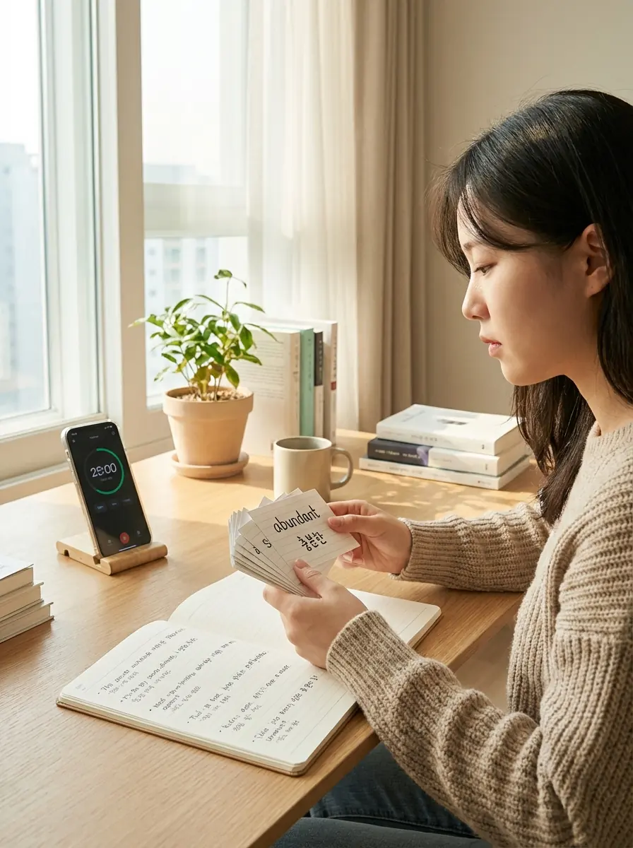 토익 700점대 단어를 플래시카드와 노트로 반복하는 학습자 모습