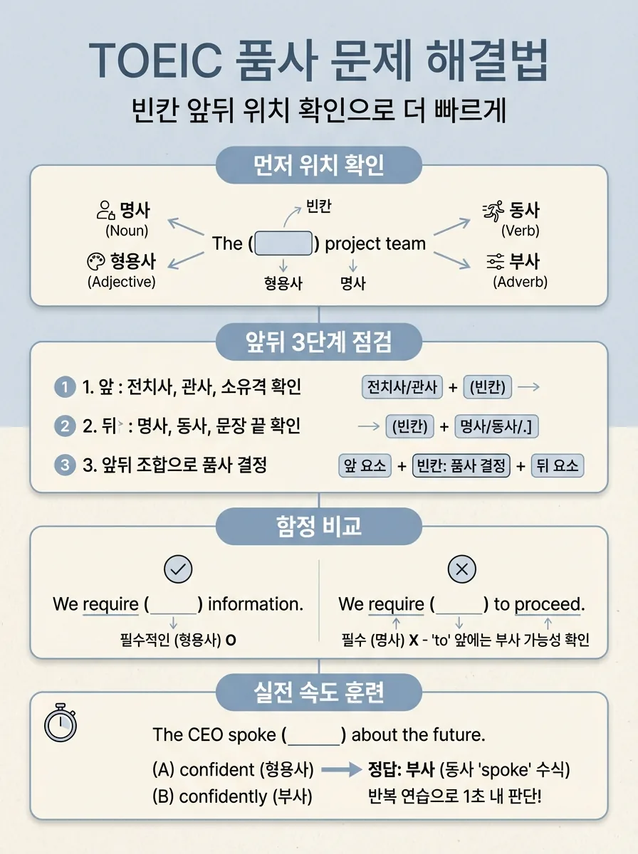 토익 품사 문제 풀이 순서를 자리 확인과 앞뒤 체크 기준으로 정리한 인포그래픽