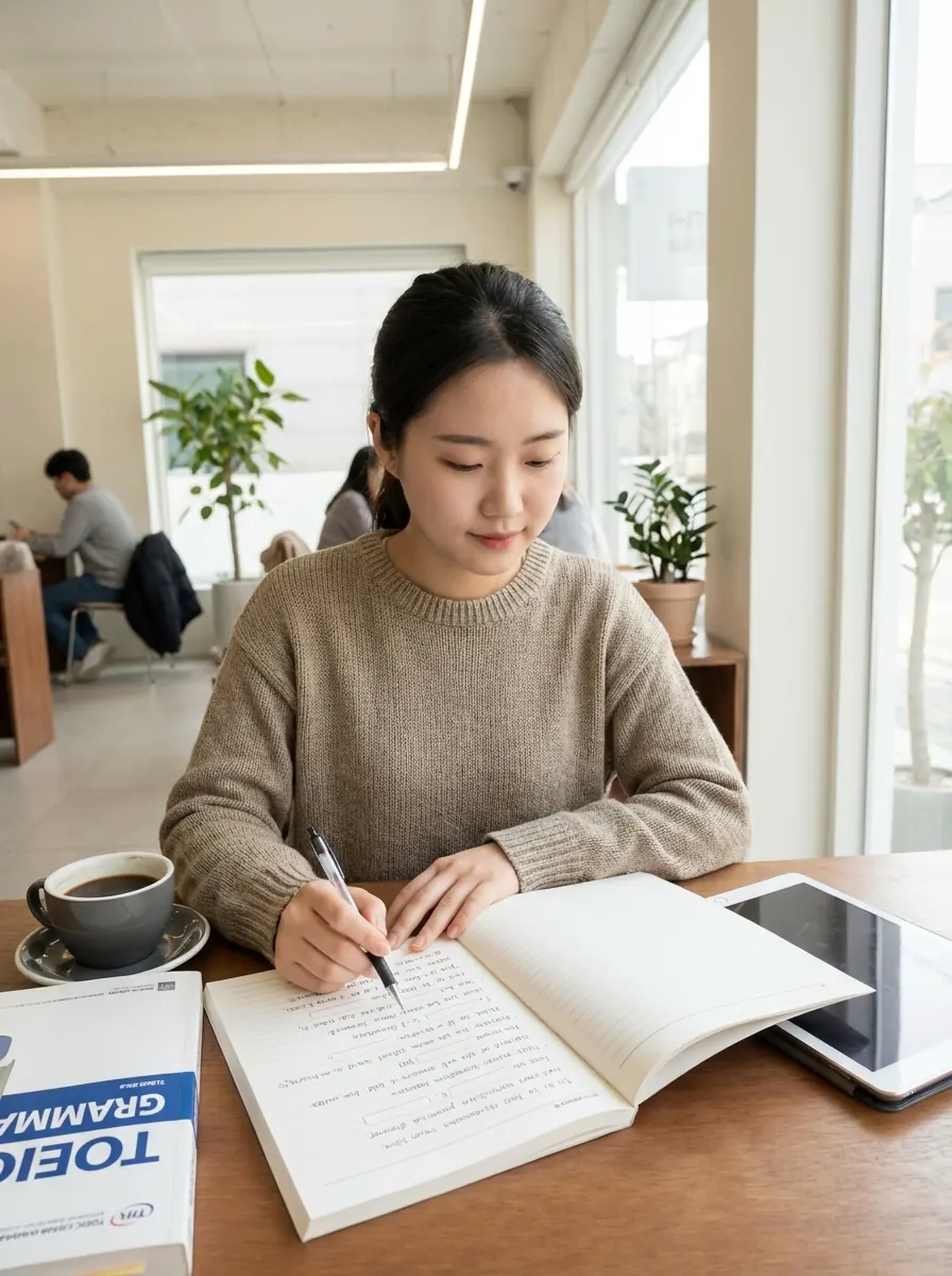 토익 품사 문제를 풀기 위해 노트에 문장 구조를 적어 보는 학습자 모습