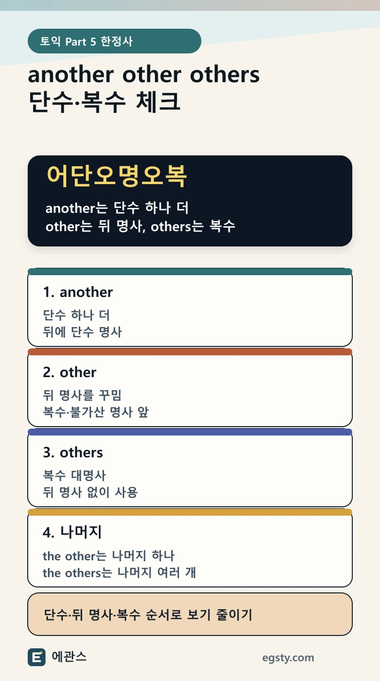 토익 another, other, others를 단수 하나 더, 뒤 명사, 복수 대명사 기준으로 구분하는 인포그래픽