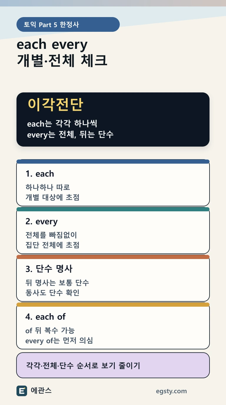 토익 each와 every를 각각, 전체, 단수 명사 기준으로 구분하는 인포그래픽