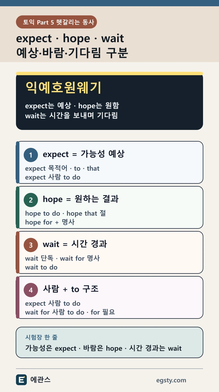 토익 expect hope wait를 예상, 바람, 시간 경과와 목적어 및 for 구조로 구분하는 인포그래픽