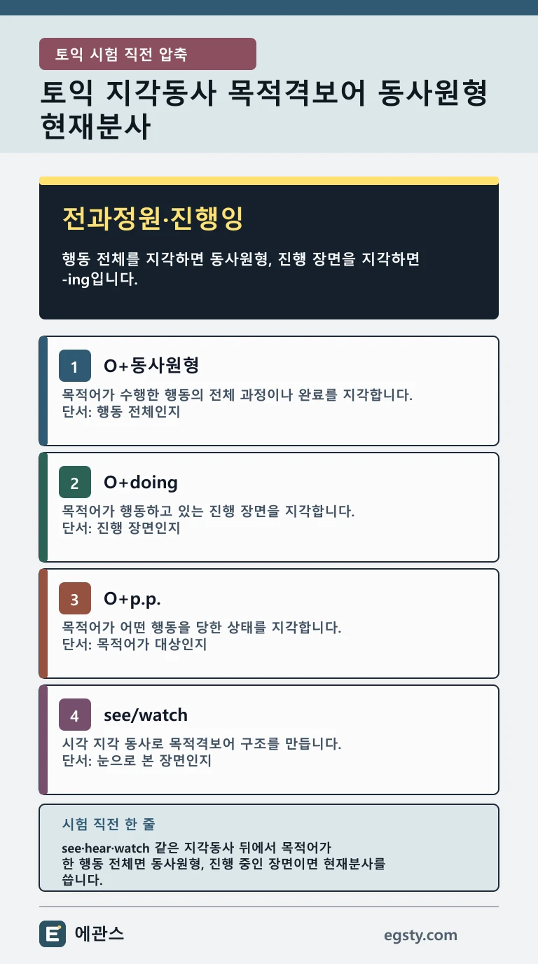 토익 지각동사의 동사원형, 현재분사, 과거분사와 능동·수동 관계를 전과정원·진행잉으로 비교한 인포그래픽