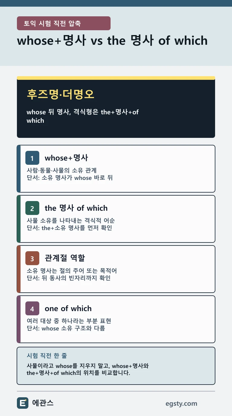 토익 whose와 the 명사 of which의 소유 관계 어순 및 one of which 차이를 비교한 모바일 인포그래픽